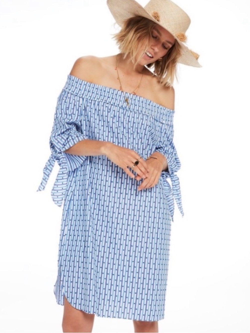 Scotch & Soda Off the Shoulder Blue and White Striped Mini Shift Dress, Small